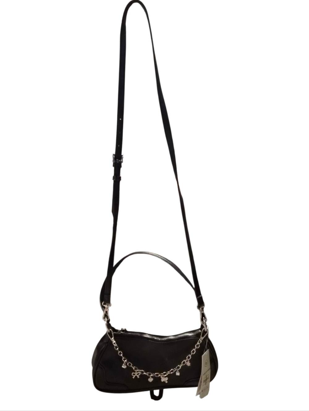Black Shoulder Bag w Charm Chain Baguette Style Crossbody Strap NWT
